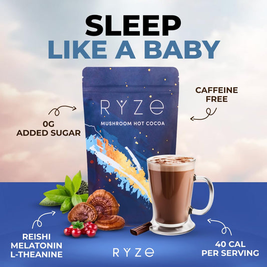 RYZE MUSHROOM HOT COCOA Melatonin Sleep Aid | Keto Cocoa Powder With Mushroom For Sleep | Melatonin, Reishi, Glycine, Cacao, L-Theanine, Chicory Fall Asleep, Stay Asleep 20 servings