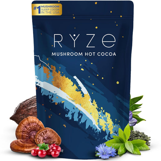 RYZE MUSHROOM HOT COCOA Melatonin Sleep Aid | Keto Cocoa Powder With Mushroom For Sleep | Melatonin, Reishi, Glycine, Cacao, L-Theanine, Chicory Fall Asleep, Stay Asleep 20 servings