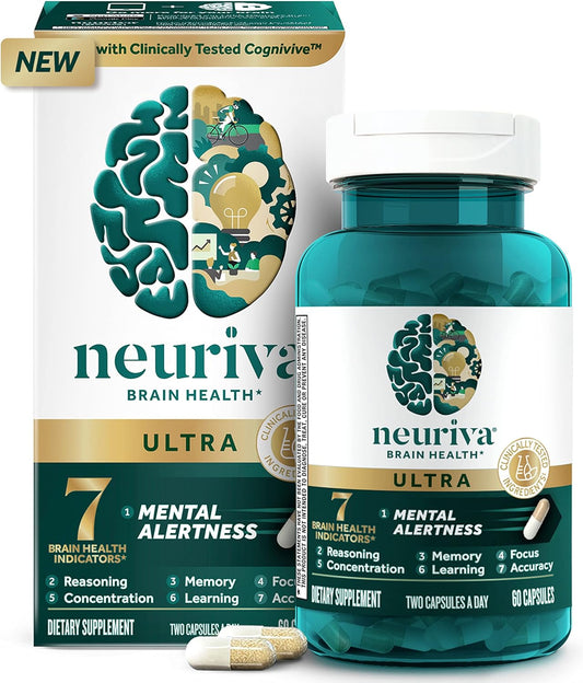 NEURIVA Ultra plus Brain Supplement Decaffeinated Clinically Tested Nootropic Brain Supplement for Mental Alertness 60 Capsules