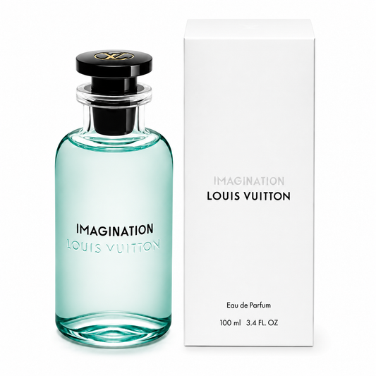 Louis Vuitton Imagination Eau de Parfum bottle and packaging on a white background