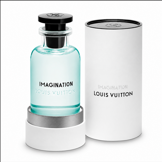Louis Vuitton Imagination perfume bottle and packaging on a white background