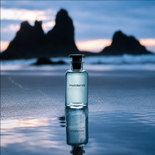 Bottle labeled 'Louis Vuitton Imagination' on a beach with rock formations in the background