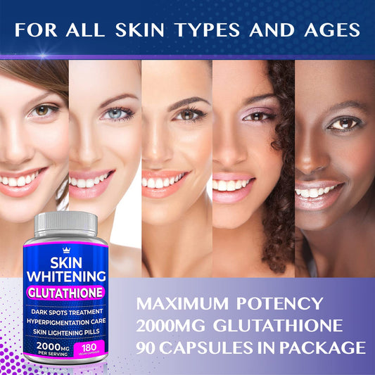 Glutathione Whitening Pills - 180 Capsules 2000mg Glutathione - Effective Skin Lightening Supplement - Dark Spots, Melasma & Acne Scar Remover, Hyperpigmentation Treatment - Anti-Aging Antioxidant