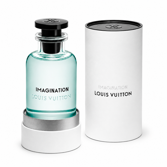 Louis Vuitton Imagination perfume bottle and packaging on a white background