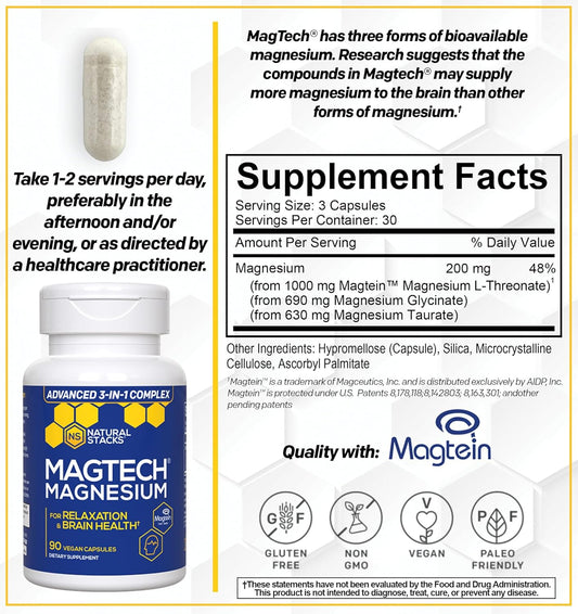 MagTech Magnesium Supplement Relaxation & Brain Health - 90 Capsules natural stacks