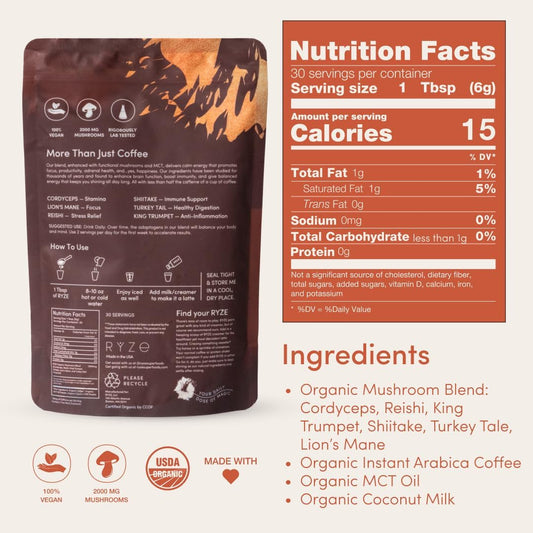 RYZE Mushroom Coffee Organic | Adaptogenic Blend | 30 Servings | Smooth Energy & Immunity