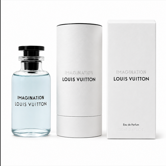 Louis Vuitton Imagination perfume bottle and packaging on a white background