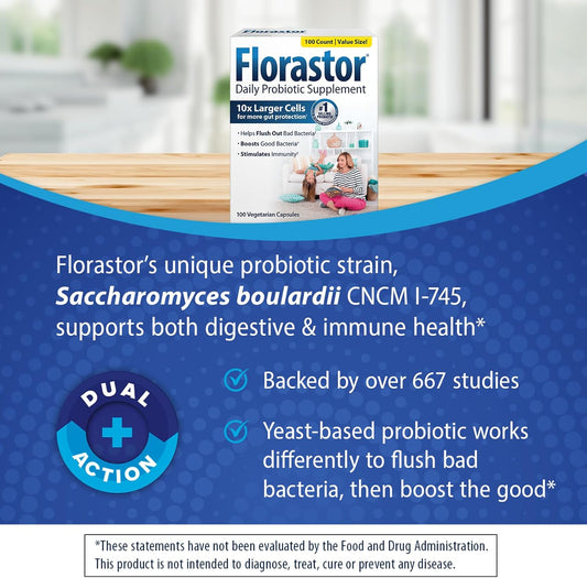 Florastor daily Probiotics for Digestive & Immune Health supplement cell growth 100 capsules