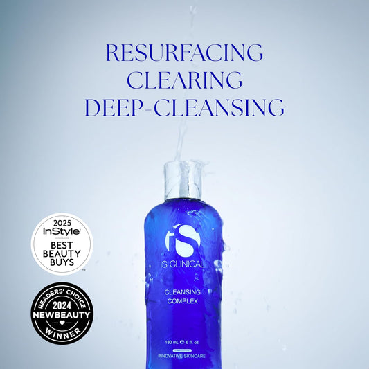Blue bottle of IS Clinical Cleansing Complex with text on a light blue background