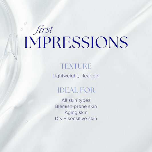 Product packaging with text about 'first Impressions' texture and suitability for various skin types on a white background.