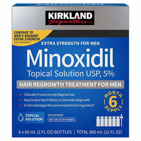 Kirkland Signature Hair Regrowth Treatment Extra Strength for Men, 5% Minoxidil Topical Solution, 2 fl. oz 6 pack (6 Months Supply)