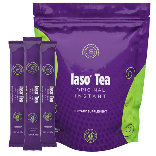 A pack of Iaso Tea Original Instant in purple and green color with 25 sachets inside. The package has the text 'Dietary Supplement' and 'Original Instant' printed on it.